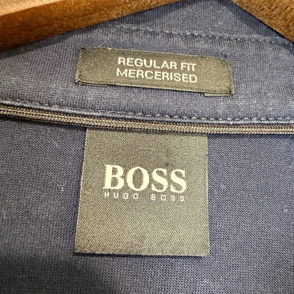 Hugo Boss Mercerised Polo Shirt Mens Large Regular Fit Navy‎ Blue Grid Pattern - Picture 4 of 10
